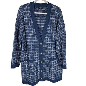 Talbots Merino Wool Cardigan Jacket 2X Blue Plaid Gold Button Mature Office